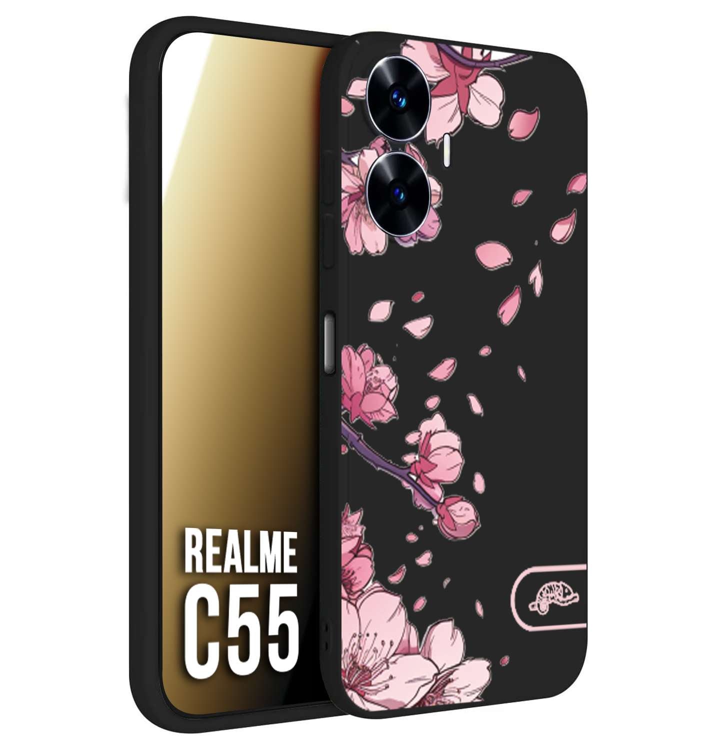 CUSTOMIZZA - Custodia cover nera morbida in tpu compatibile per Oppo C55 giapponese fiori di ciliegio in fiore a rilievo disegnata tattoo