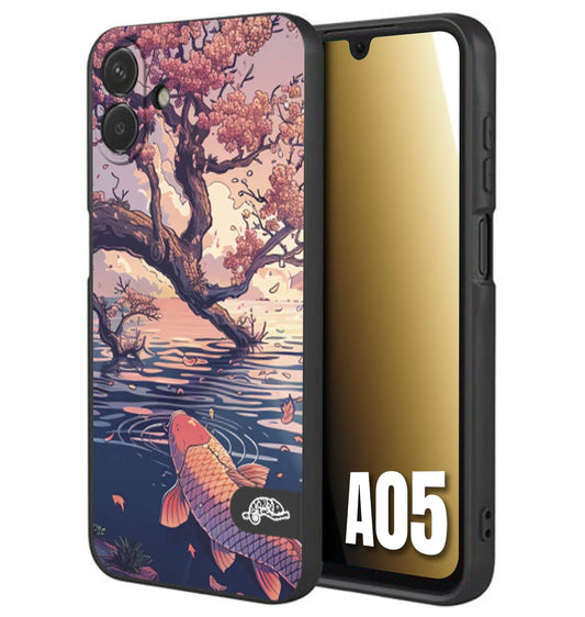 CUSTOMIZZA - Custodia cover nera morbida in tpu compatibile per Samsung A05 giapponese lago carpa koi rosa con foglie d'acero disegnata tattoo
