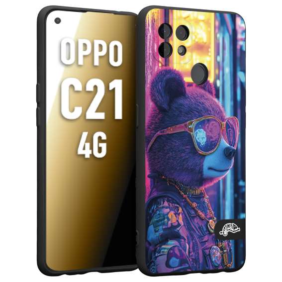 CUSTOMIZZA - Custodia cover nera morbida in tpu compatibile per Realme C21 4G animali cyberpunk orsetto orso street bear fucsia blu night