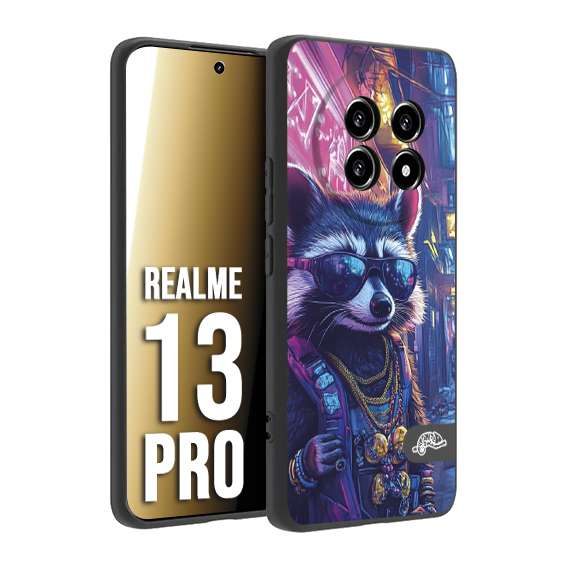 CUSTOMIZZA - Custodia cover nera morbida in tpu compatibile per Realme 13 PRO animali simpatici cyberpunk procione racoon street cat fucsia blu giallo