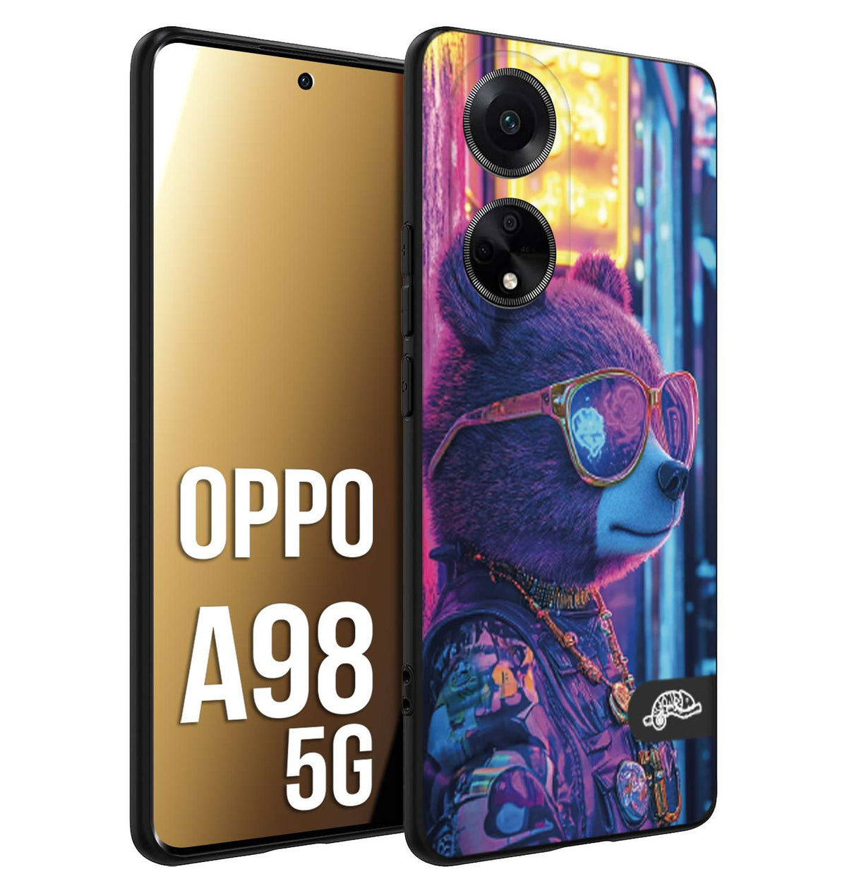 CUSTOMIZZA - Custodia cover nera morbida in tpu compatibile per Oppo A98 5G animali cyberpunk orsetto orso street bear fucsia blu night