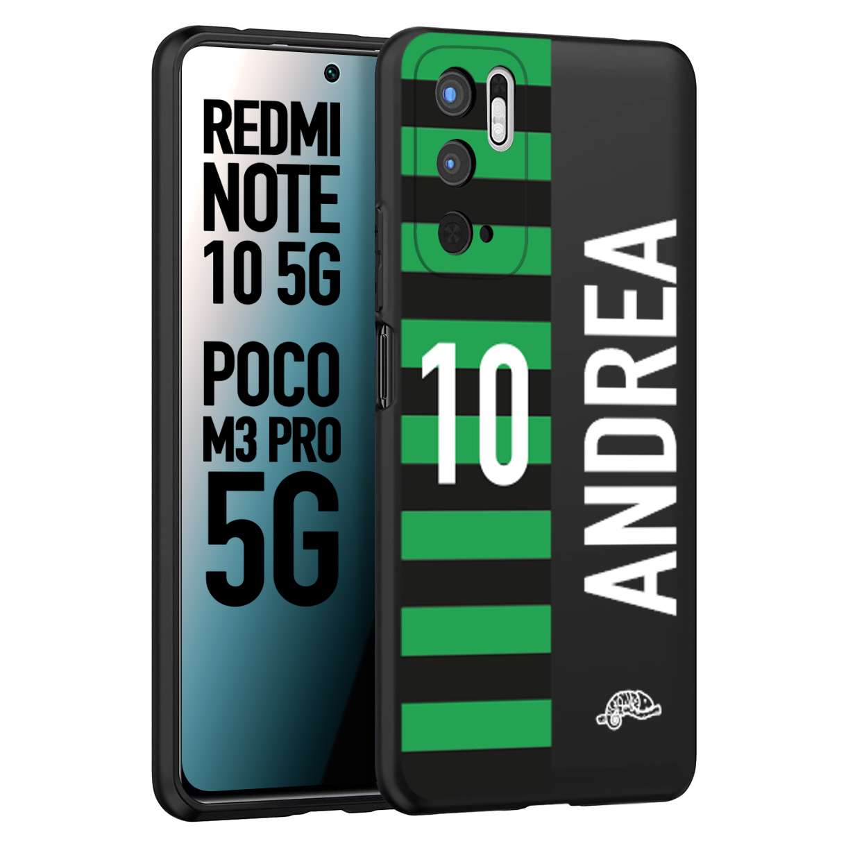 CUSTOMIZZA - Custodia cover nera morbida in tpu compatibile per Xiaomi Redmi Note 10 5G - Poco M3 Pro 5G personalizzata calcio football nome e numero calciatori neroverde