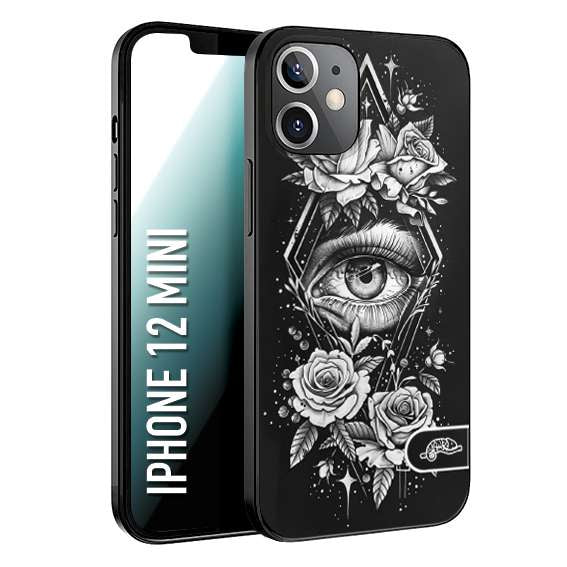 CUSTOMIZZA - Custodia cover nera morbida in tpu compatibile per iPhone 12 MINI occhio fiori rombo geometrico black and white bianco a rilievo disegnato tattoo tatuaggio