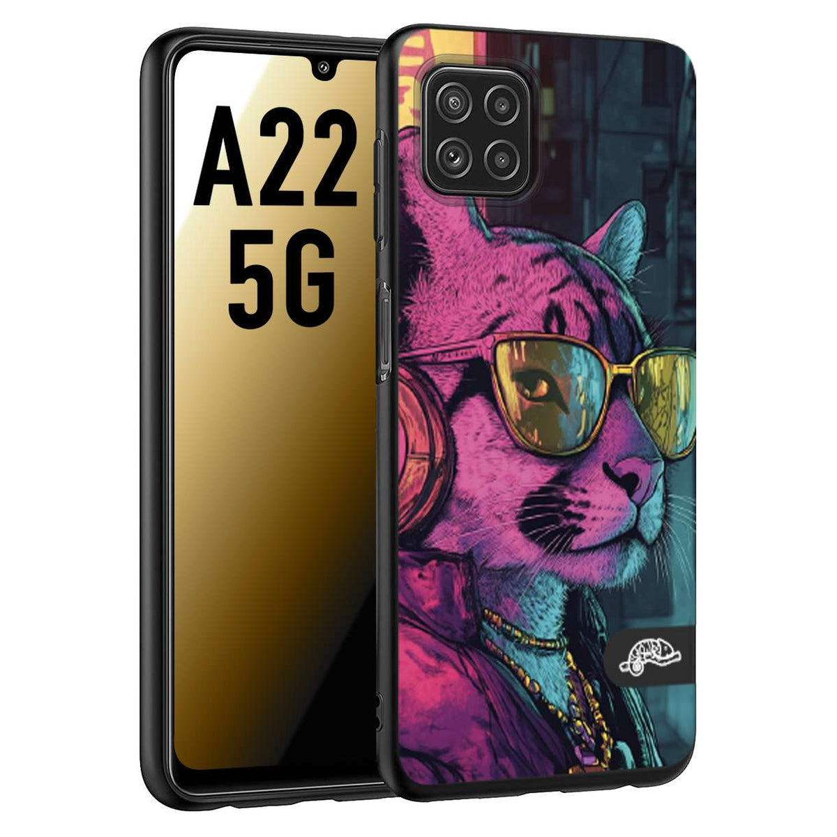 CUSTOMIZZA - Custodia cover nera morbida in tpu compatibile per Samsung A22 5G animali cyberpunk pantera street cat fucsia blu giallo
