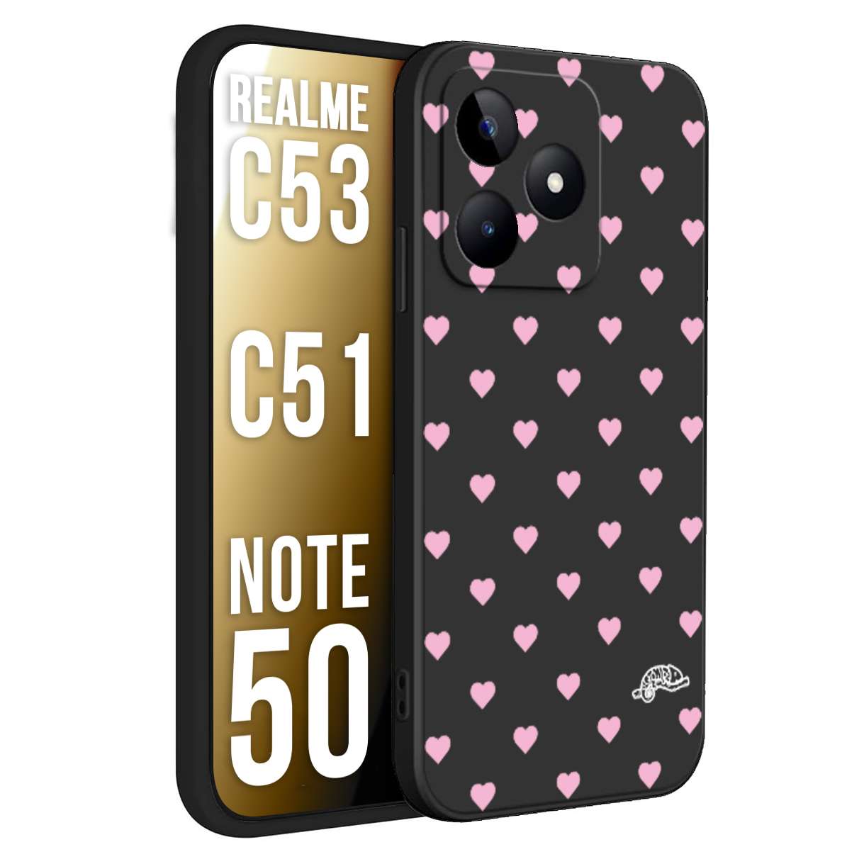 CUSTOMIZZA - Custodia cover nera morbida in tpu compatibile per Oppo Realme C53 - C51 - NOTE 50 cuori pois rosa su nero donna pin up vintage