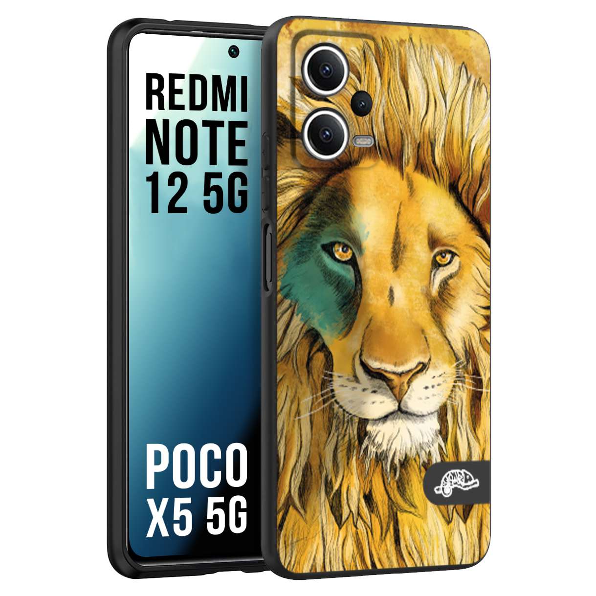 CUSTOMIZZA - Custodia cover nera morbida in tpu compatibile per Xiaomi Redmi Note 12 - POCO X5 5G leone lion disegnato a mano giallo blu a rilievo artistico brown