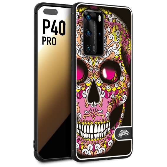 CUSTOMIZZA - Custodia cover nera morbida in tpu compatibile per Huawei P40 PRO teschio messicano Mexican skull rosa gialla