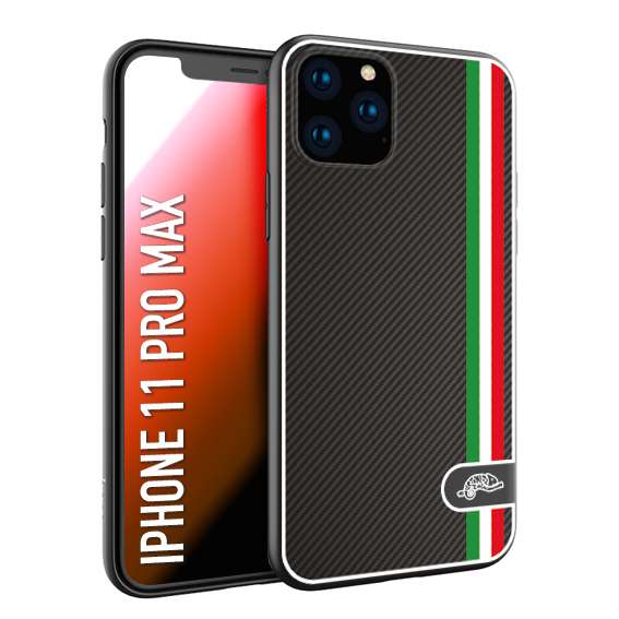 CUSTOMIZZA - Custodia cover nera morbida in tpu compatibile per iPhone 11 PRO MAX effetto fibra di carbonio bandiera Italia made in Italy