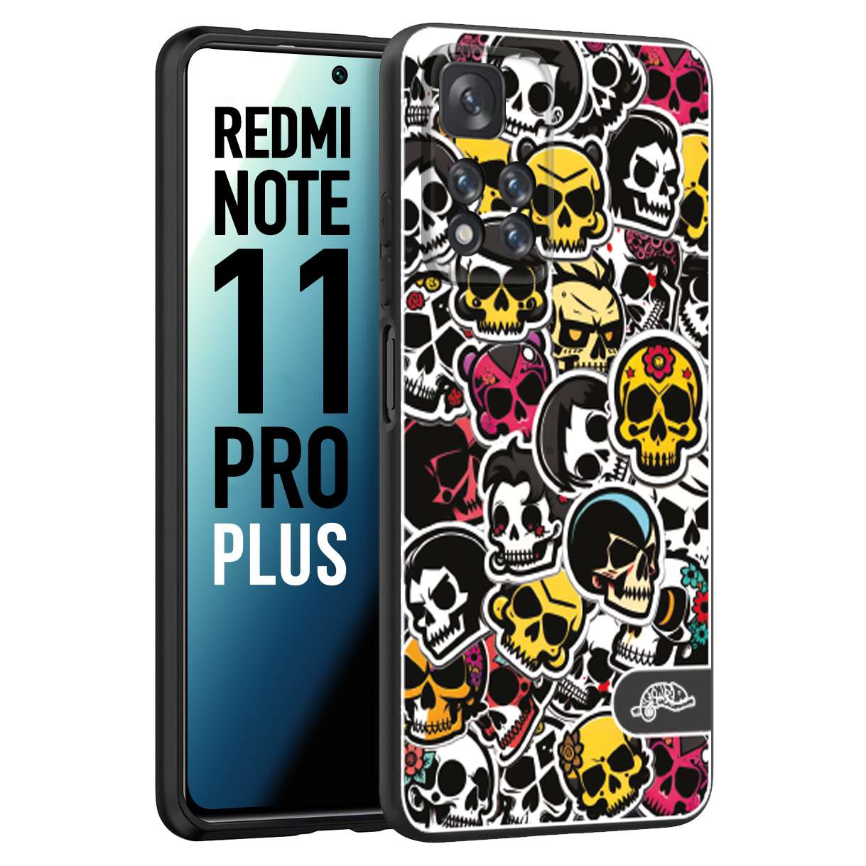 CUSTOMIZZA - Custodia cover nera morbida in tpu compatibile per Xiaomi Redmi Note 11 PRO PLUS sticker bomb teschi colorati adesivi skulls skater snowboard