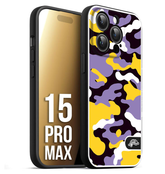 CUSTOMIZZA - Custodia cover nera morbida in tpu compatibile per iPhone 15 PRO MAX camouflage mimetico militare viola lilla giallo