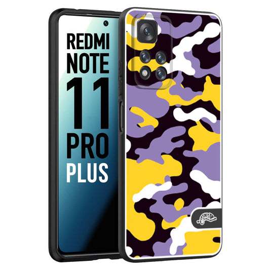 CUSTOMIZZA - Custodia cover nera morbida in tpu compatibile per Xiaomi Redmi Note 11 PRO PLUS camouflage mimetico militare viola lilla giallo