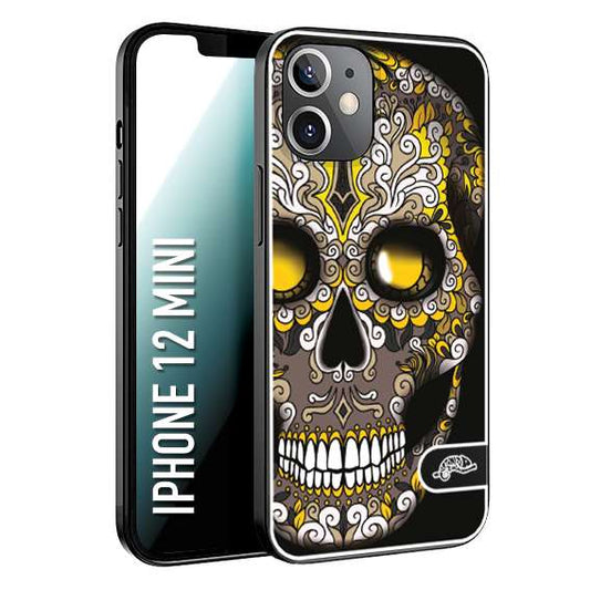 CUSTOMIZZA - Custodia cover nera morbida in tpu compatibile per iPhone 12 MINI teschio messicano Mexican skull nero giallo