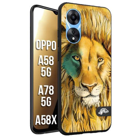 CUSTOMIZZA - Custodia cover nera morbida in tpu compatibile per Oppo A58 5G - A78 5G - A58X leone lion disegnato a mano giallo blu a rilievo artistico brown