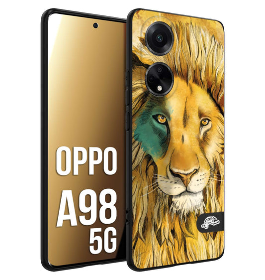 CUSTOMIZZA - Custodia cover nera morbida in tpu compatibile per Oppo A98 5G leone lion disegnato a mano giallo blu a rilievo artistico brown