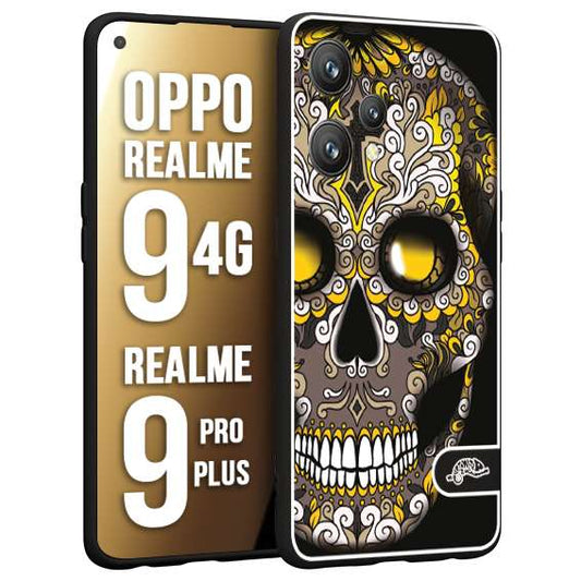 CUSTOMIZZA - Custodia cover nera morbida in tpu compatibile per Oppo Realme 9 4G - 9 PRO PLUS teschio messicano Mexican skull nero giallo