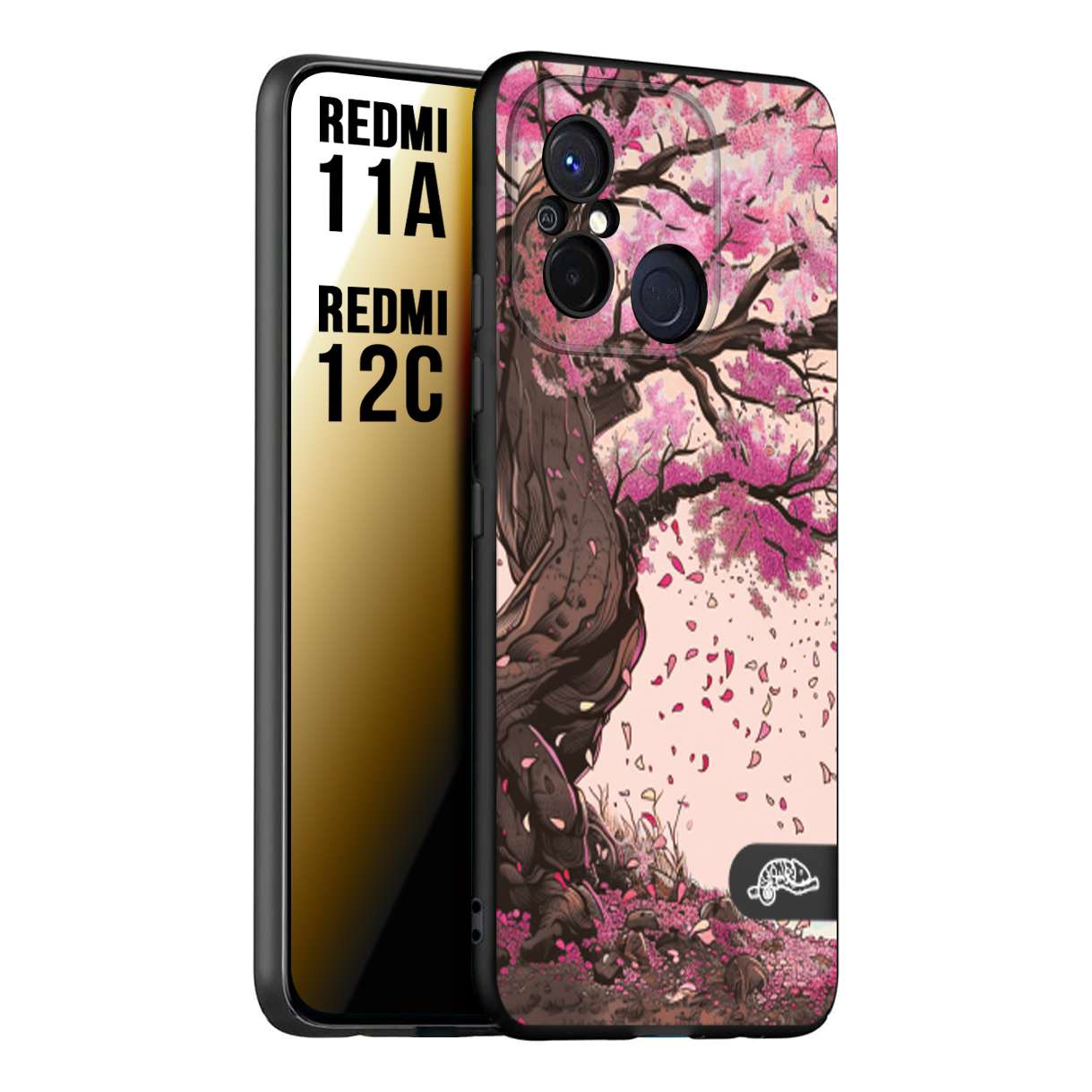 CUSTOMIZZA - Custodia cover nera morbida in tpu compatibile per Xiaomi Redmi 11A - 12C giapponese colori morbidi fiori di ciliegio rosa disegnata