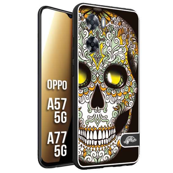 CUSTOMIZZA - Custodia cover nera morbida in tpu compatibile per Oppo A57 5G - A77 5G teschio messicano Mexican skull bianco verde giallo