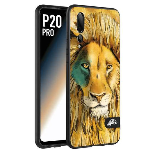 CUSTOMIZZA - Custodia cover nera morbida in tpu compatibile per Huawei P20 PRO leone lion disegnato a mano giallo blu a rilievo artistico brown