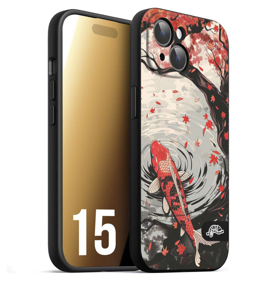 CUSTOMIZZA - Custodia cover nera morbida in tpu compatibile per iPhone 15 giapponese lago carpa koi rossa con foglie d'acero rosso disegnata tattoo