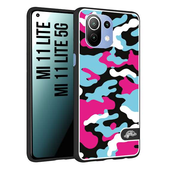 CUSTOMIZZA - Custodia cover nera morbida in tpu compatibile per Xiaomi Mi 11 Lite / Mi 11 Lite 5G camouflage mimetico militare fucsia celeste