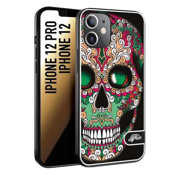 CUSTOMIZZA - Custodia cover nera morbida in tpu compatibile per iPhone 12 - 12 PRO teschio messicano Mexican skull verde fucsia