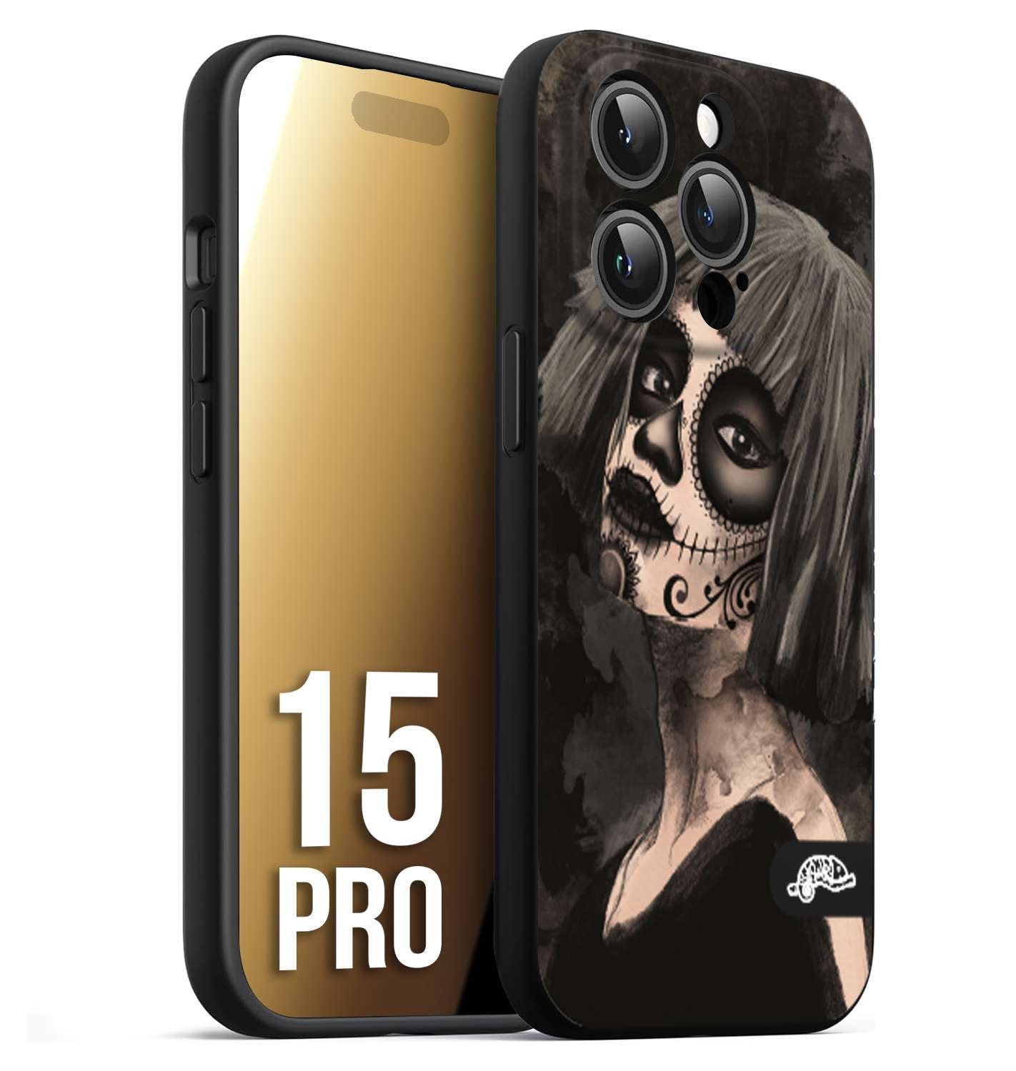 CUSTOMIZZA - Custodia cover nera morbida in tpu compatibile per iPhone 15 PRO chicana messicana dea de la muerte donna santa tattoo disegnata