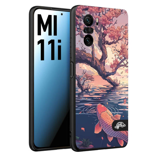 CUSTOMIZZA - Custodia cover nera morbida in tpu compatibile per Xiaomi Mi 11i giapponese lago carpa koi rosa con foglie d'acero disegnata tattoo