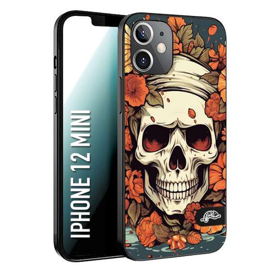 CUSTOMIZZA - Custodia cover nera morbida in tpu compatibile per iPhone 12 MINI teschio skull flowers fiori tattoo disegnato alta definizione