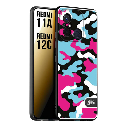 CUSTOMIZZA - Custodia cover nera morbida in tpu compatibile per Xiaomi Redmi 11A - 12C camouflage mimetico militare fucsia celeste