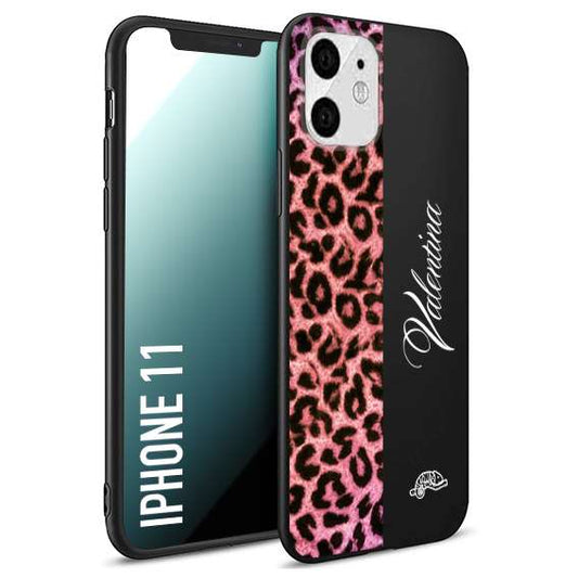 CUSTOMIZZA - Custodia cover nera morbida in tpu compatibile per iPhone 11 leopardato rosa fucsia personalizzata nome iniziali