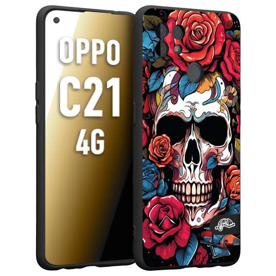 CUSTOMIZZA - Custodia cover nera morbida in tpu compatibile per Oppo Realme C21 4G teschio skull flowers fiori rose rosse tattoo disegnato