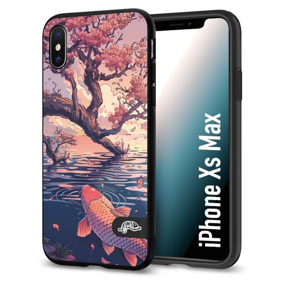 CUSTOMIZZA - Custodia cover nera morbida in tpu compatibile per iPhone Xs Max giapponese lago carpa koi rosa con foglie d'acero disegnata tattoo