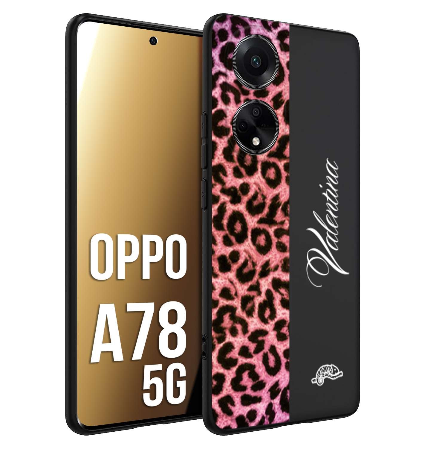 CUSTOMIZZA - Custodia cover nera morbida in tpu compatibile per Oppo A78 5G leopardato rosa fucsia personalizzata nome iniziali