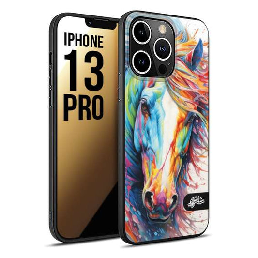 CUSTOMIZZA - Custodia cover nera morbida in tpu compatibile per iPhone 13 PRO animali color cavallo horse viso colori vibranti disegnato schizzo