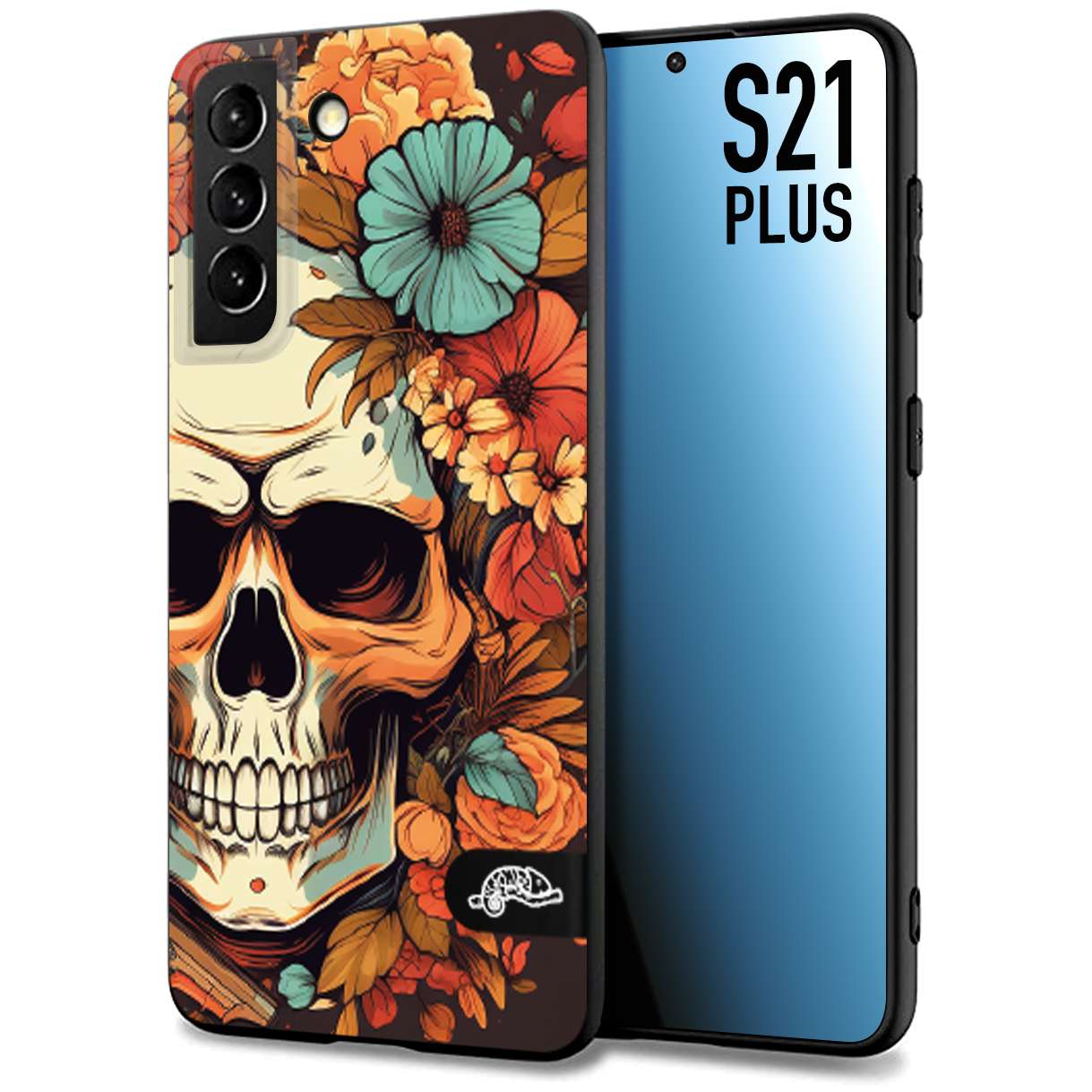 CUSTOMIZZA - Custodia cover nera morbida in tpu compatibile per Samsung S21 PLUS teschio skull flowers fiori autunnali arancio celeste tattoo