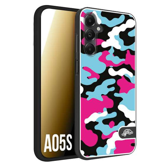 CUSTOMIZZA - Custodia cover nera morbida in tpu compatibile per Samsung A05S camouflage mimetico militare fucsia celeste