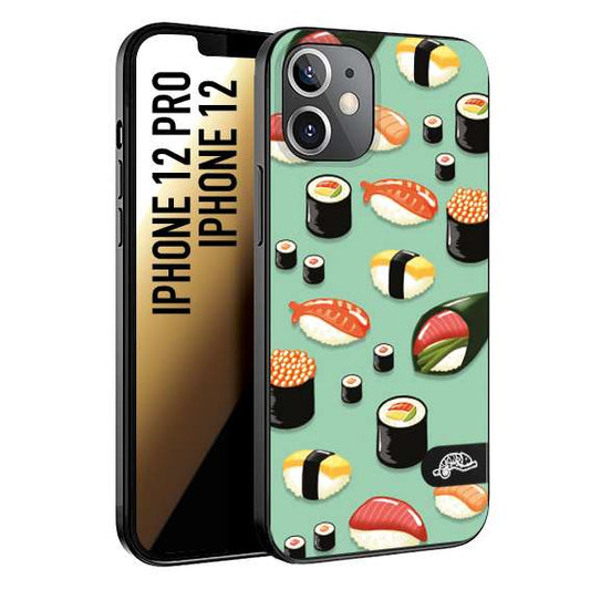 CUSTOMIZZA - Custodia cover nera morbida in tpu compatibile per iPhone 12 - 12 PRO sushi disegni giapponese nighiri acquamarina verde