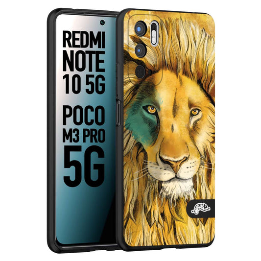 CUSTOMIZZA - Custodia cover nera morbida in tpu compatibile per Xiaomi Redmi Note 10 5G - Poco M3 Pro 5G leone lion disegnato a mano giallo blu a rilievo artistico brown