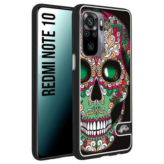 CUSTOMIZZA - Custodia cover nera morbida in tpu compatibile per Xiaomi Redmi Note 10 teschio messicano Mexican skull verde fucsia