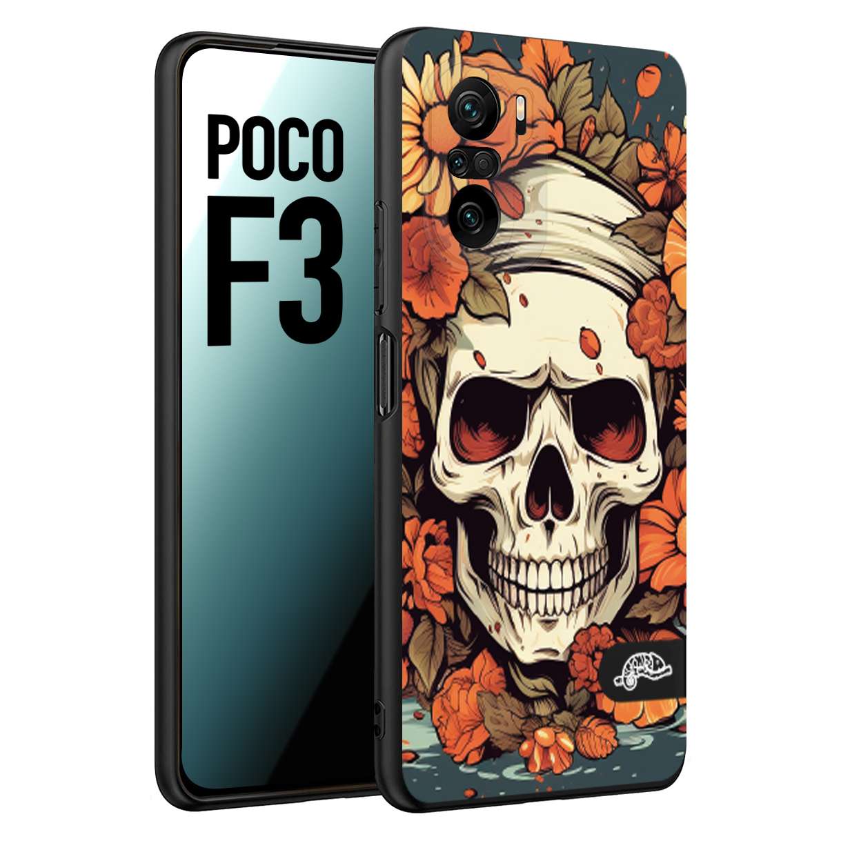 CUSTOMIZZA - Custodia cover nera morbida in tpu compatibile per Xiaomi Poco F3 teschio skull flowers fiori tattoo disegnato alta definizione