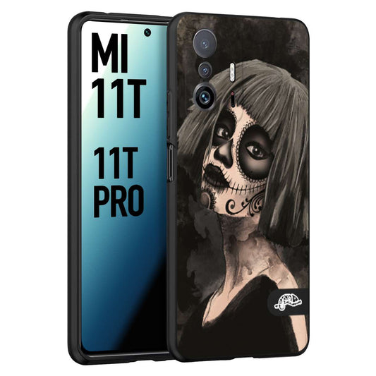 CUSTOMIZZA - Custodia cover nera morbida in tpu compatibile per Xiaomi Mi 11T - Mi 11T PRO chicana messicana dea de la muerte donna santa tattoo disegnata