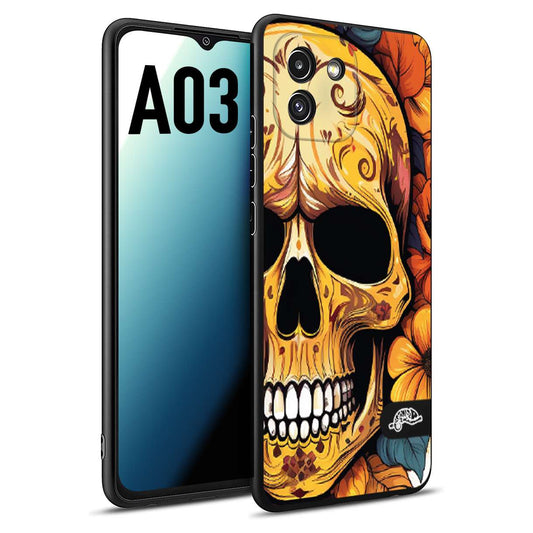 CUSTOMIZZA - Custodia cover nera morbida in tpu compatibile per Samsung A03 teschio messicano colorato dorato fiori autunnali disegnato