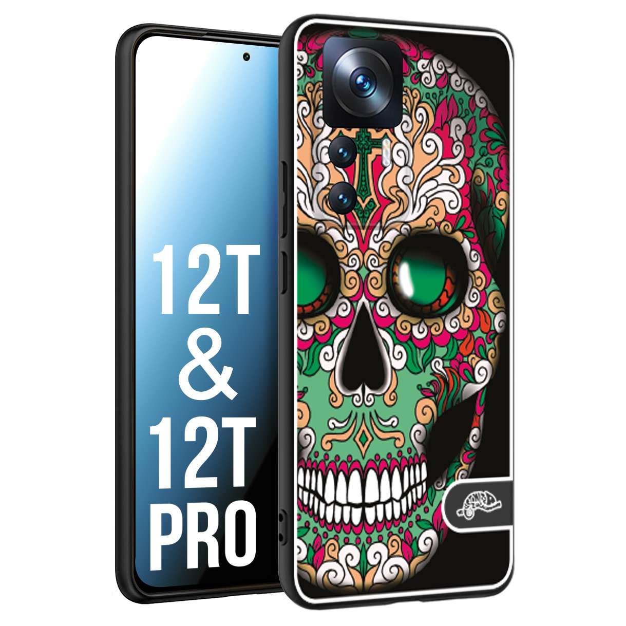 CUSTOMIZZA - Custodia cover nera morbida in tpu compatibile per Xiaomi 12T - 12T PRO teschio messicano Mexican skull verde fucsia