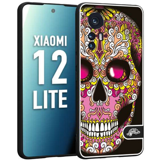 CUSTOMIZZA - Custodia cover nera morbida in tpu compatibile per Xiaomi 12 LITE teschio messicano Mexican skull rosa gialla