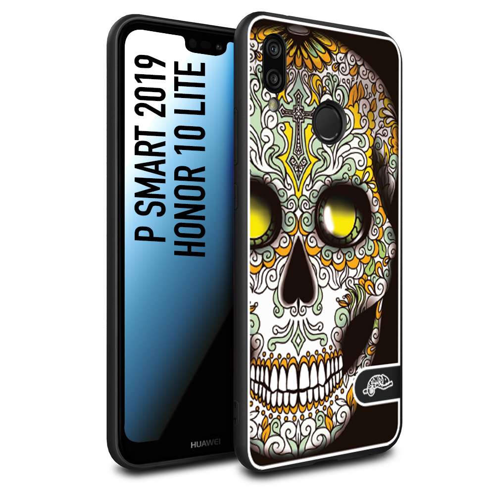 CUSTOMIZZA - Custodia cover nera morbida in tpu compatibile per Huawei P Smart 2019 teschio messicano Mexican skull bianco verde giallo