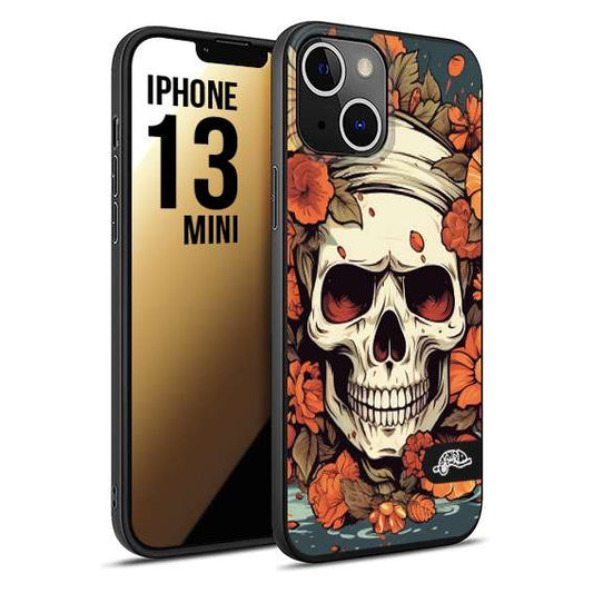 CUSTOMIZZA - Custodia cover nera morbida in tpu compatibile per iPhone 13 MINI teschio skull flowers fiori tattoo disegnato alta definizione