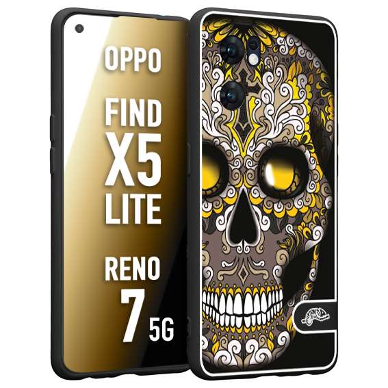 CUSTOMIZZA - Custodia cover nera morbida in tpu compatibile per Oppo Reno 7 - Find X5 LITE teschio messicano Mexican skull nero giallo