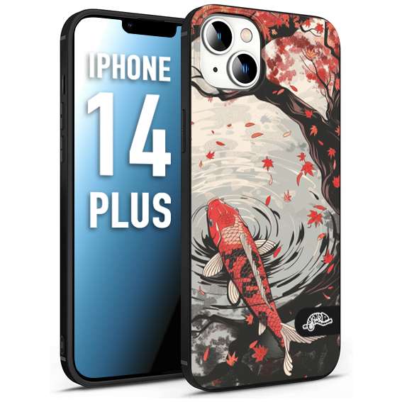 CUSTOMIZZA - Custodia cover nera morbida in tpu compatibile per iPhone 14 PLUS giapponese lago carpa koi rossa con foglie d'acero rosso disegnata tattoo