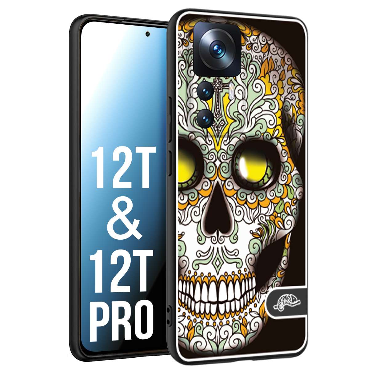 CUSTOMIZZA - Custodia cover nera morbida in tpu compatibile per Xiaomi 12T - 12T PRO teschio messicano Mexican skull bianco verde giallo