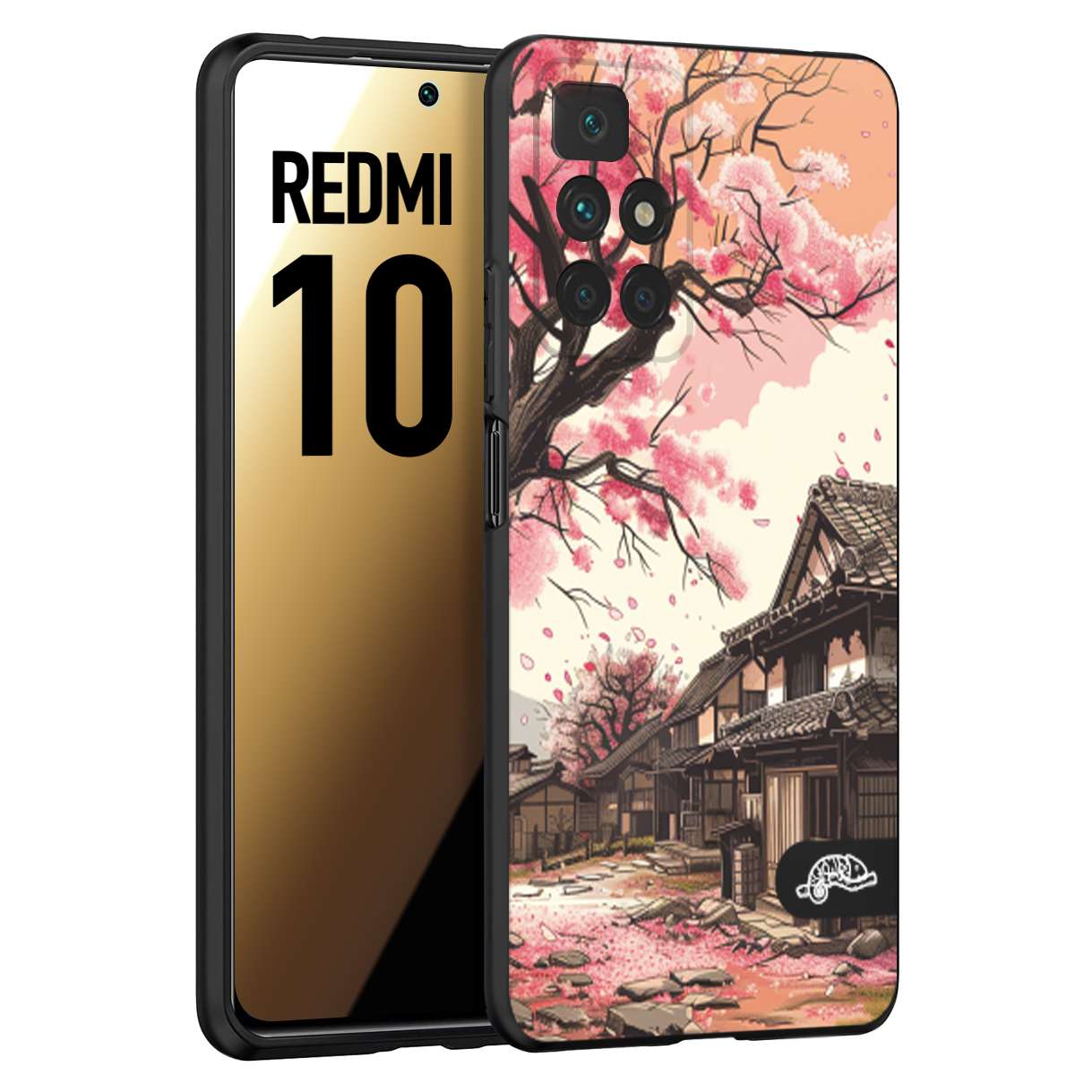 CUSTOMIZZA - Custodia cover nera morbida in tpu compatibile per Xiaomi Redmi 10 casa giapponese rosa ciliegio in fiore disegnata tattoo